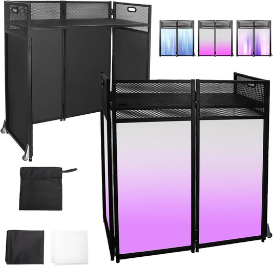 DJ Facade Booth Table 41' x 21' Portable with Black & White Lighting Scrims, Black Metal Frame, 2 Wheels