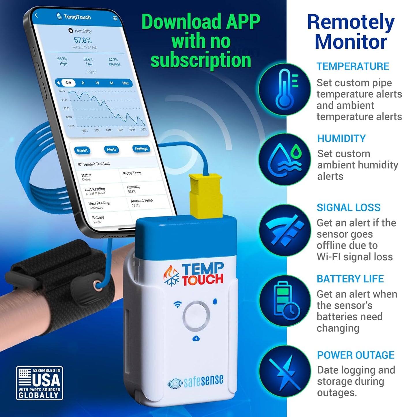 SafeSense Temp Touch WiFi Pipe Temperature and Humidity Sensor, Smart Thermometer for Plumbing, HVAC