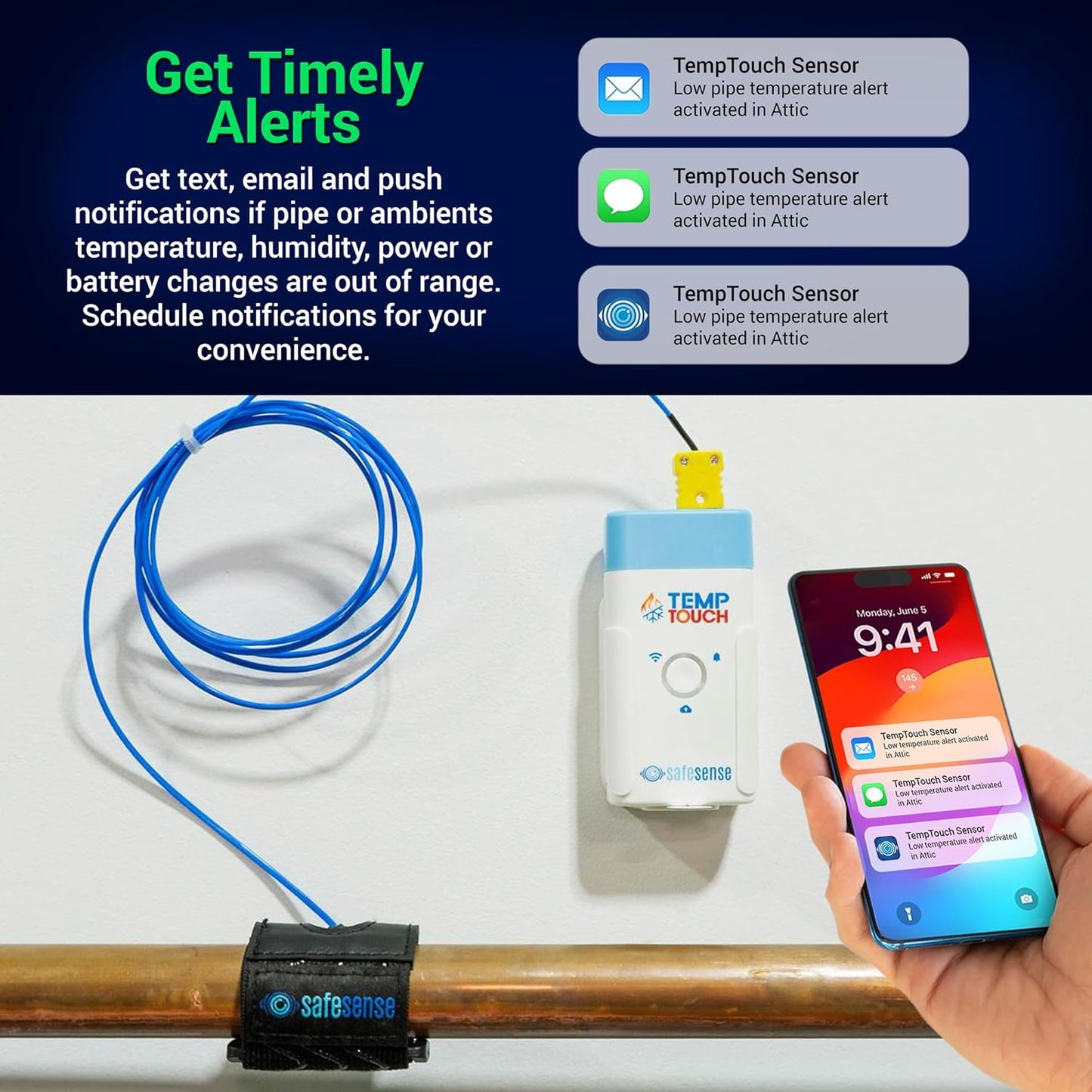 SafeSense Temp Touch WiFi Pipe Temperature and Humidity Sensor, Smart Thermometer for Plumbing, HVAC