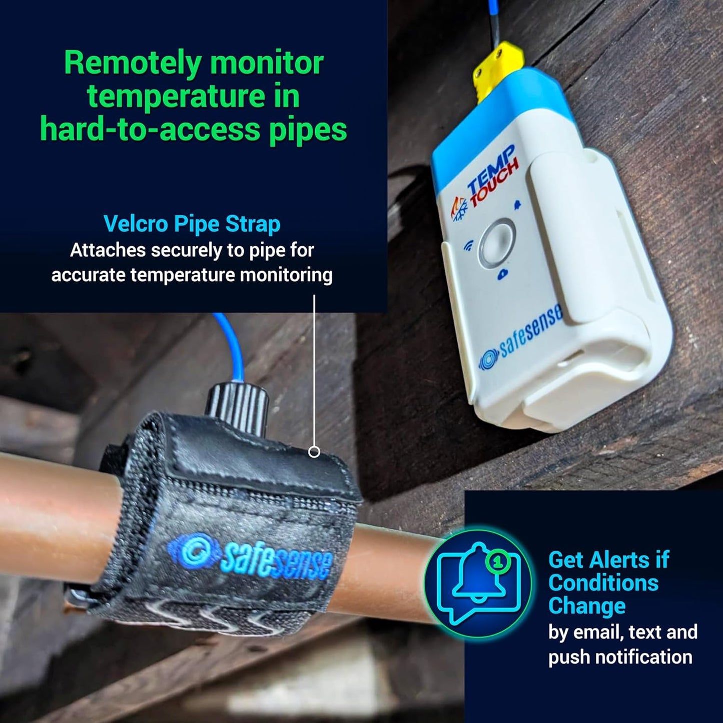 SafeSense Temp Touch WiFi Pipe Temperature and Humidity Sensor, Smart Thermometer for Plumbing, HVAC