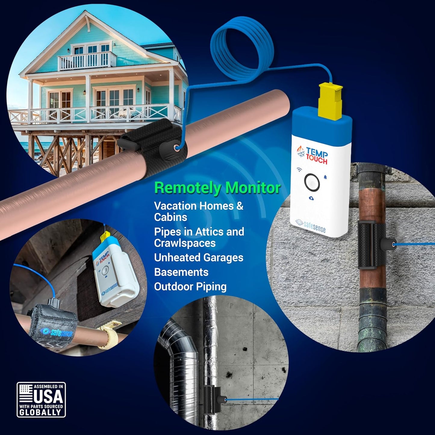 SafeSense Temp Touch WiFi Pipe Temperature and Humidity Sensor, Smart Thermometer for Plumbing, HVAC