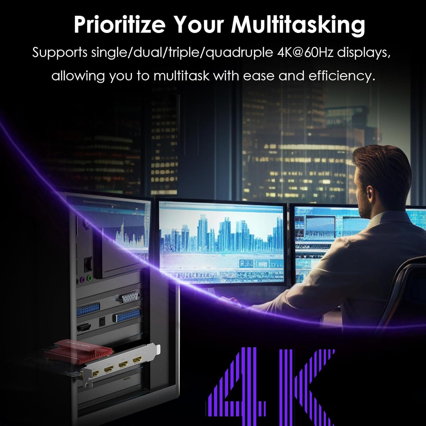 WAVLINK PCIE 4K Monitors Card - 4 HDMI Ports, Supports Extend 4 Monitors Out for Windows 11/10