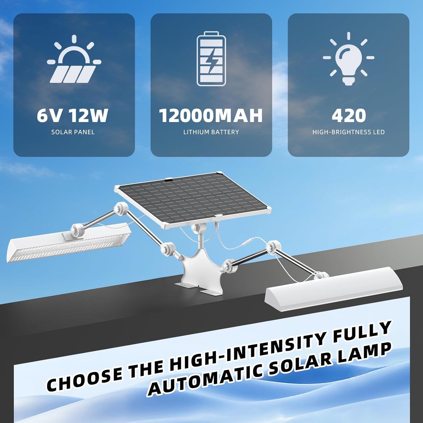Outdoor Solar Sign Light, 420 LEDs, 5200 Lumens, 12000 mAh, IP65 Waterproof, Solar Powered Light