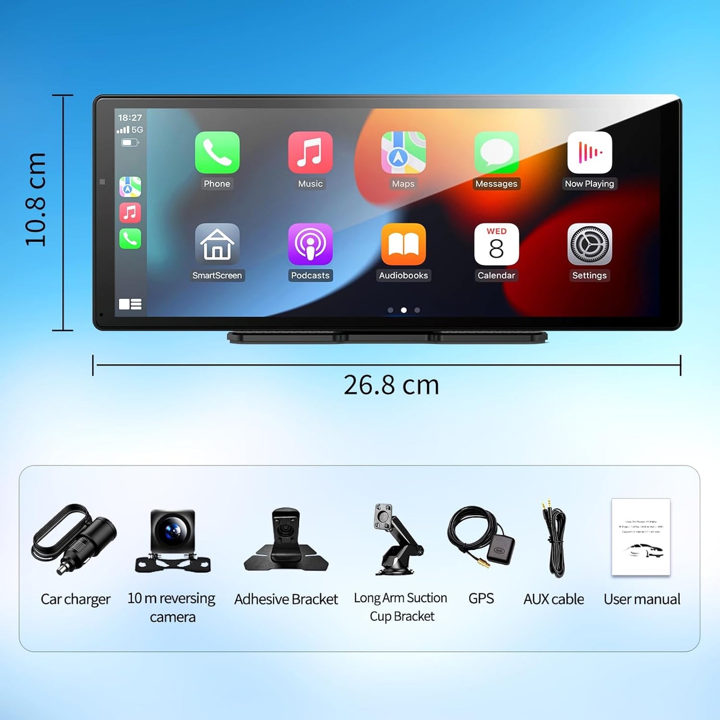 Large 11.3 inch [Android 8 Core 4+64GB] Carplay Screen, Android Auto for Car, with 1080P Rear Camera