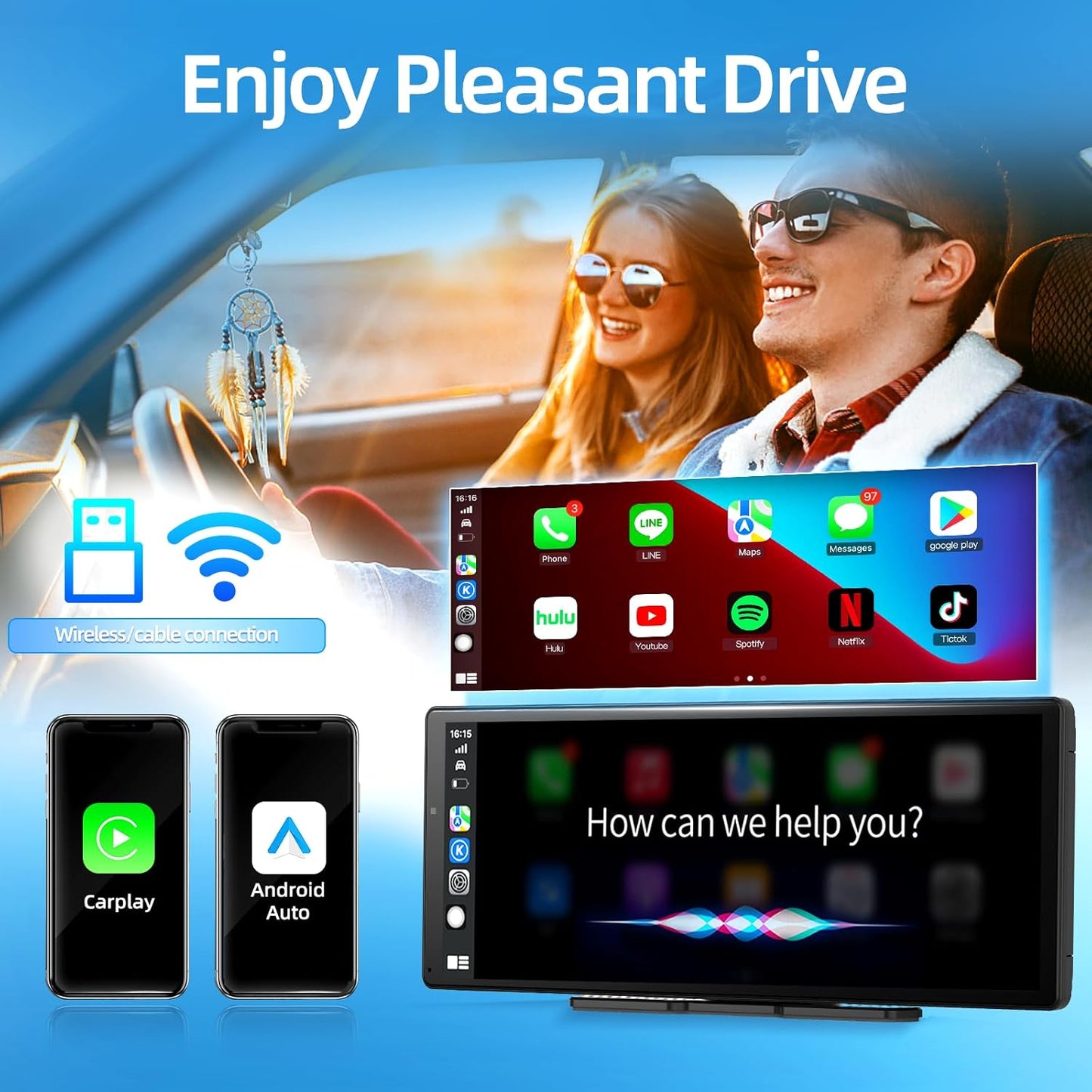 Large 11.3 inch [Android 8 Core 4+64GB] Carplay Screen, Android Auto for Car, with 1080P Rear Camera