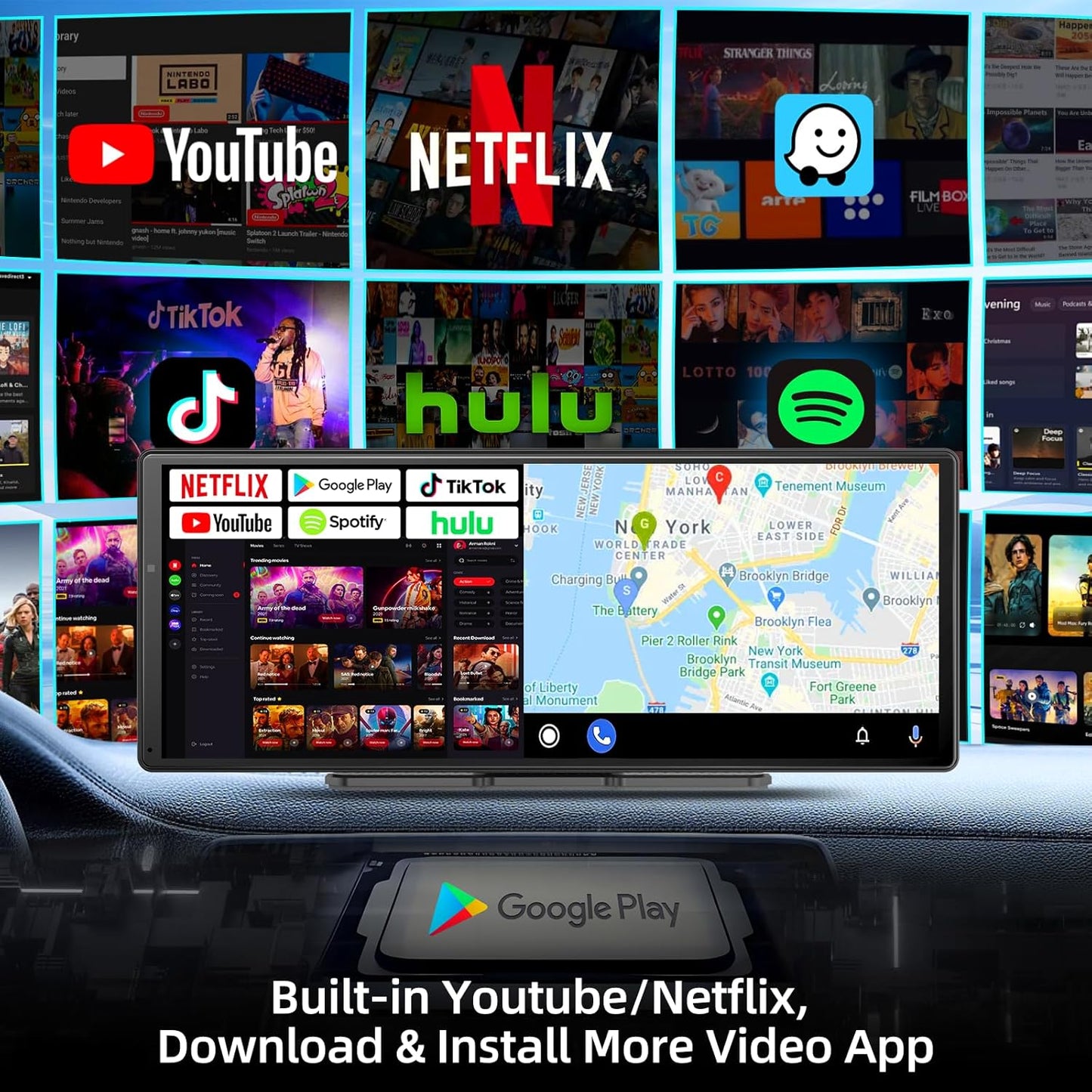 Large 11.3 inch [Android 8 Core 4+64GB] Carplay Screen, Android Auto for Car, with 1080P Rear Camera