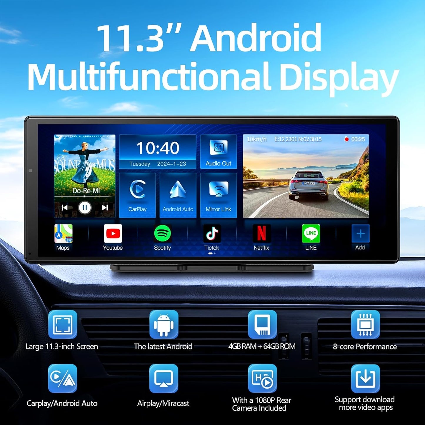 Large 11.3 inch [Android 8 Core 4+64GB] Carplay Screen, Android Auto for Car, with 1080P Rear Camera
