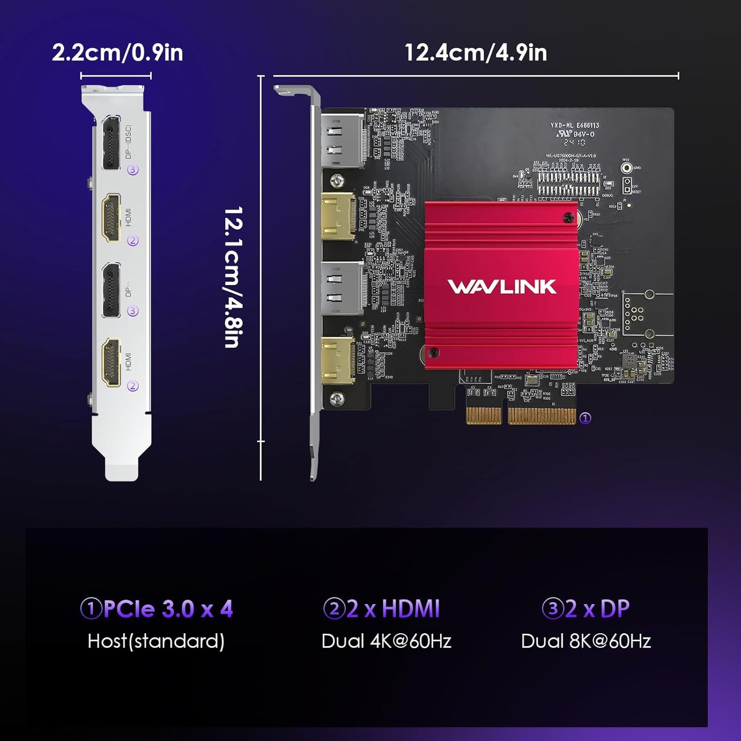 WAVLINK PCIE 8K/4K Monitor Card, 2DP+2HDMI Ports, Supports Extend 4 Monitors Output for Windows 11/10