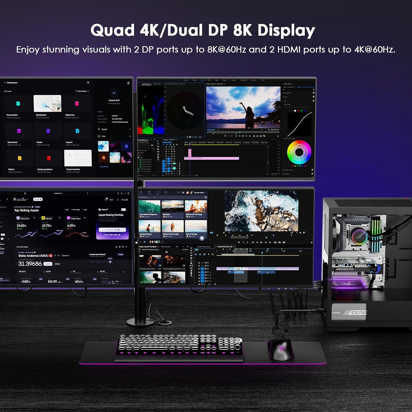 WAVLINK PCIE 8K/4K Monitor Card, 2DP+2HDMI Ports, Supports Extend 4 Monitors Output for Windows 11/10