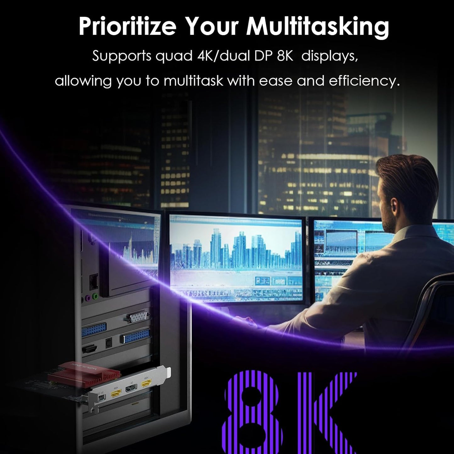 WAVLINK PCIE 8K/4K Monitor Card, 2DP+2HDMI Ports, Supports Extend 4 Monitors Output for Windows 11/10