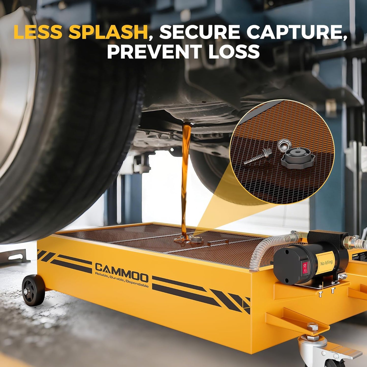20 Gal Electric Oil Drain Pan, 110V High-Flow Pump, 9.8 FT Hose, 200 W Motor, 2 Locking Swivel Casters