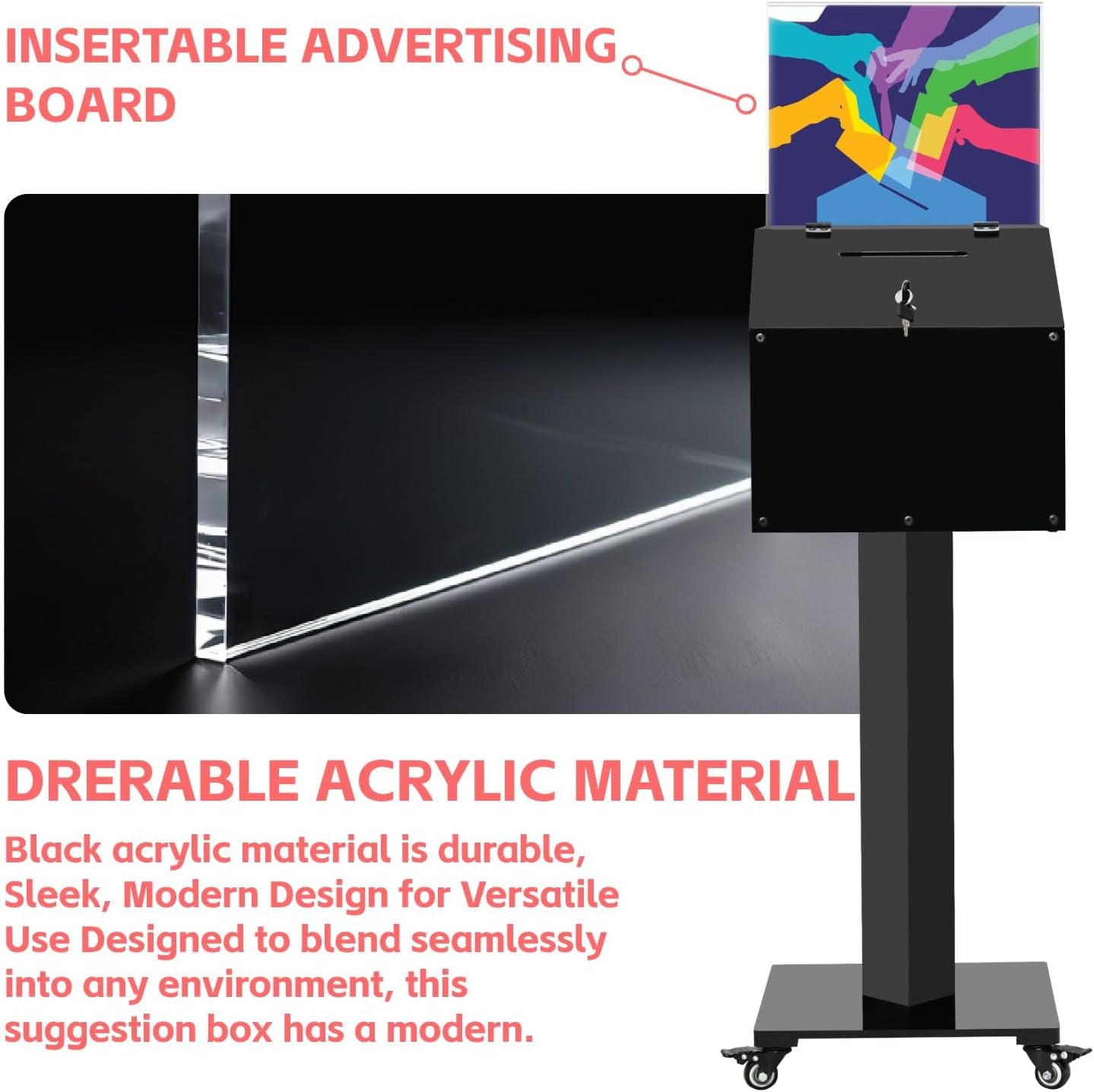 Large Acrylic Donation Box with Stand, Suggestion Box, Drawing Raffle with Key and Lock, Secure Collection Box