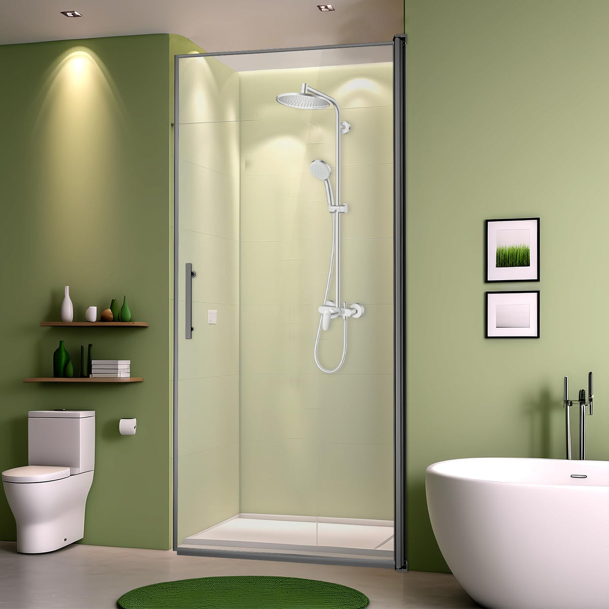 34" Wx72 H Frameless Reversible Pivot Shower Door, 1/4" Clear SGCC Tempered Glass & Shatter Proof Film, 304 Stainless Steel Hardware, Water Protection Seal Stripes Plus Glass-Fixing Aluminum Stripe Black-C2 34"W x 72"H