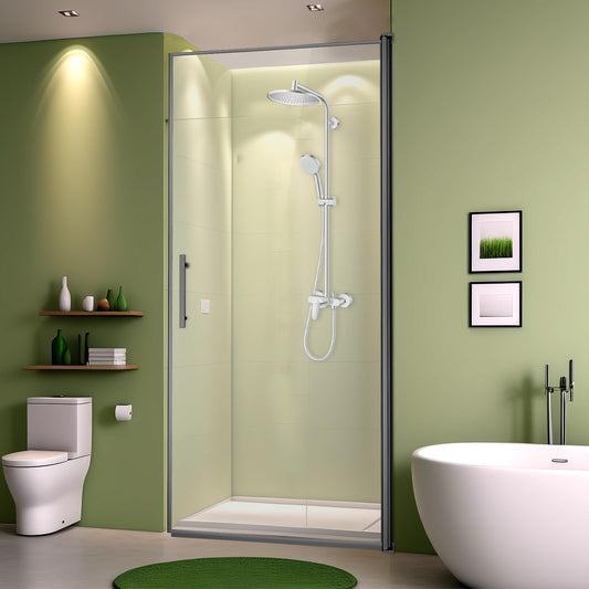 34" Wx72 H Frameless Reversible Pivot Shower Door, 1/4" Clear SGCC Tempered Glass & Shatter Proof Film, 304 Stainless Steel Hardware, Water Protection Seal Stripes Plus Glass-Fixing Aluminum Stripe Black-C2 34"W x 72"H