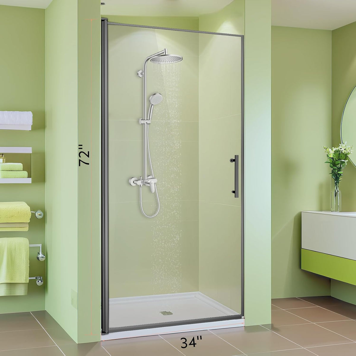 34" Wx72 H Frameless Reversible Pivot Shower Door, 1/4" Clear SGCC Tempered Glass & Shatter Proof Film, 304 Stainless Steel Hardware, Water Protection Seal Stripes Plus Glass-Fixing Aluminum Stripe Black-C2 34"W x 72"H