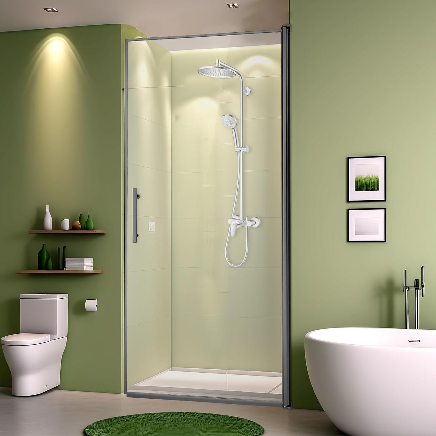 34'Wx72'H Frameless Reversible Pivot Shower Door, 1/4' Clear SGCC Tempered Glass and  Shatter Proof Film