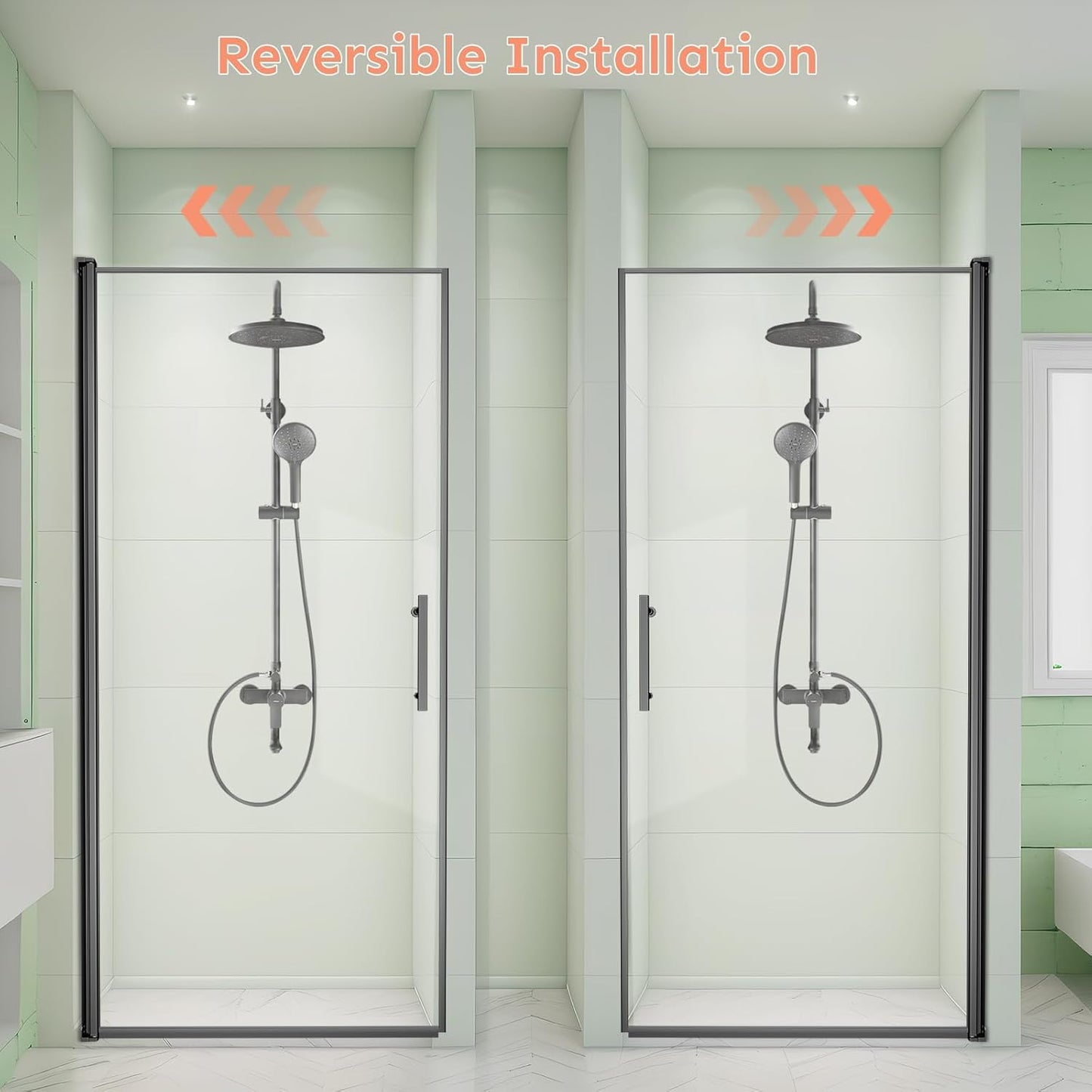 34'Wx72'H Frameless Reversible Pivot Shower Door, 1/4' Clear SGCC Tempered Glass and  Shatter Proof Film