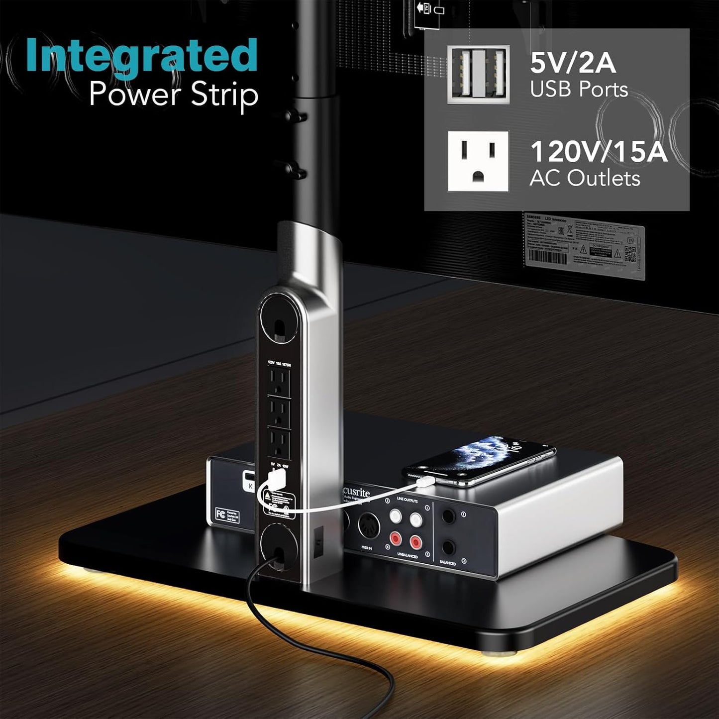 Universal TV Stand Tabletop TV Mount with Power Outlet for 50-90 Inch OLED LED Monitors, Height Adjustible