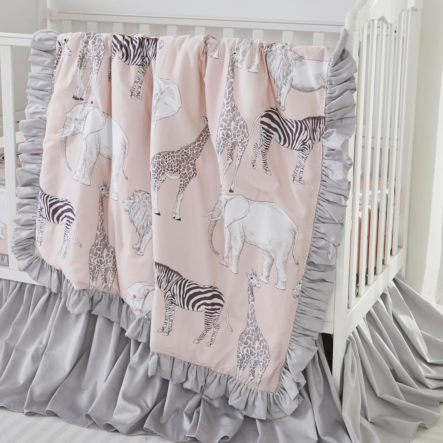 Crib Bedding Set for Girls or Boys, Jungle Safari Animals Pattern, 100% Percale Cotton, 3 Pieces Baby Crib Bedding