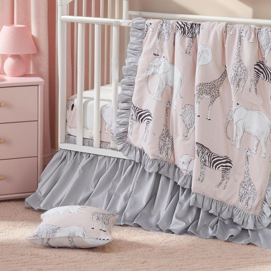 Crib Bedding Set for Girls or Boys, Jungle Safari Animals Pattern, 100% Percale Cotton, 3 Pieces Baby Crib Bedding