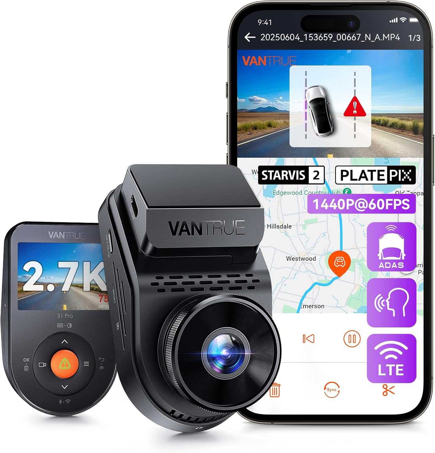 S1 Pro 2.7K Front Mini Dash Cam, 2.5K@60FPS, STARVIS 2, ADAS, Voice Control, PlatePix, Night Vision, WiFi, GPS