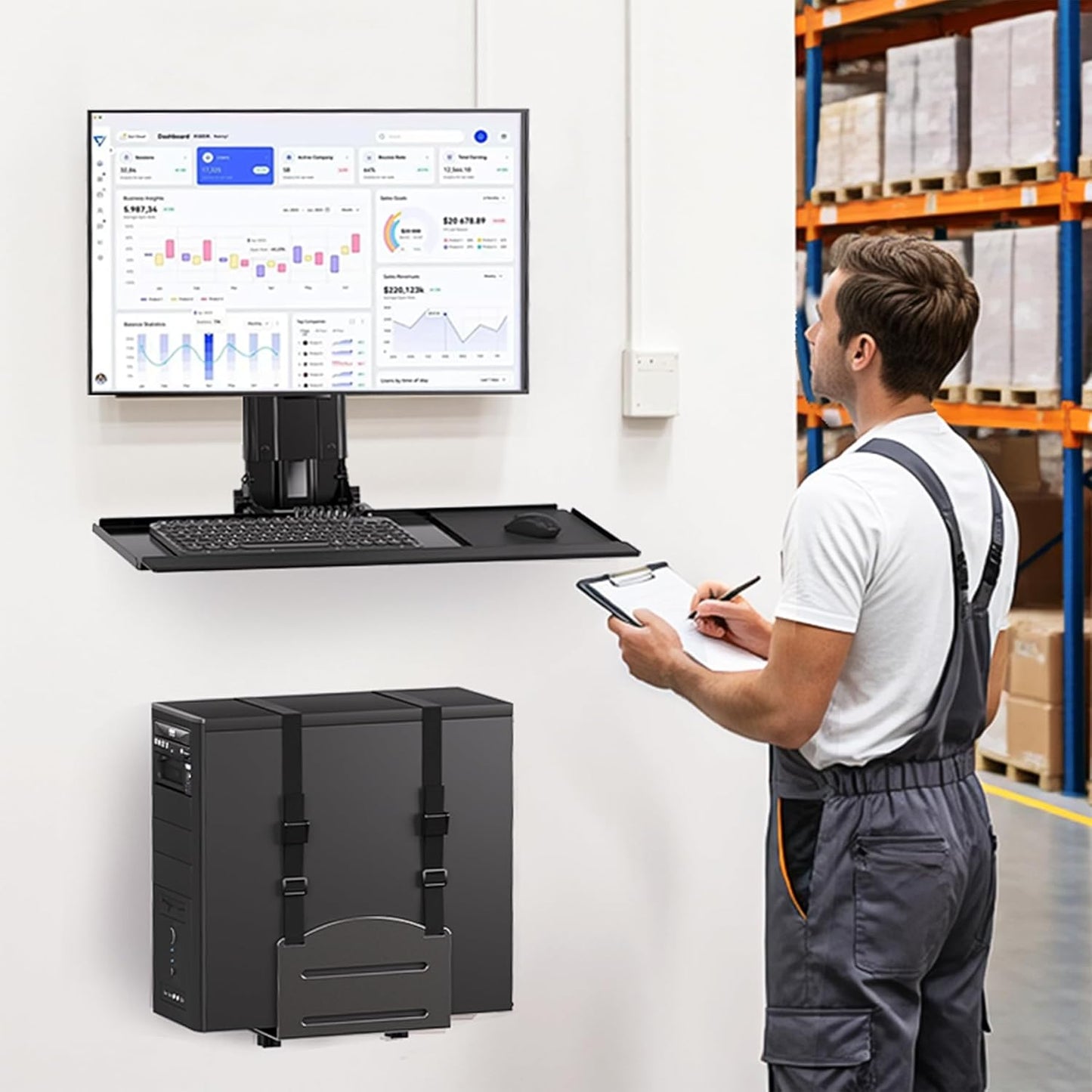 Monitor and Keyboard Wall Mount with CPU Holder for 32' Monitors (55 lbs Max), Keyboard Tray (4.4 lbs Load)