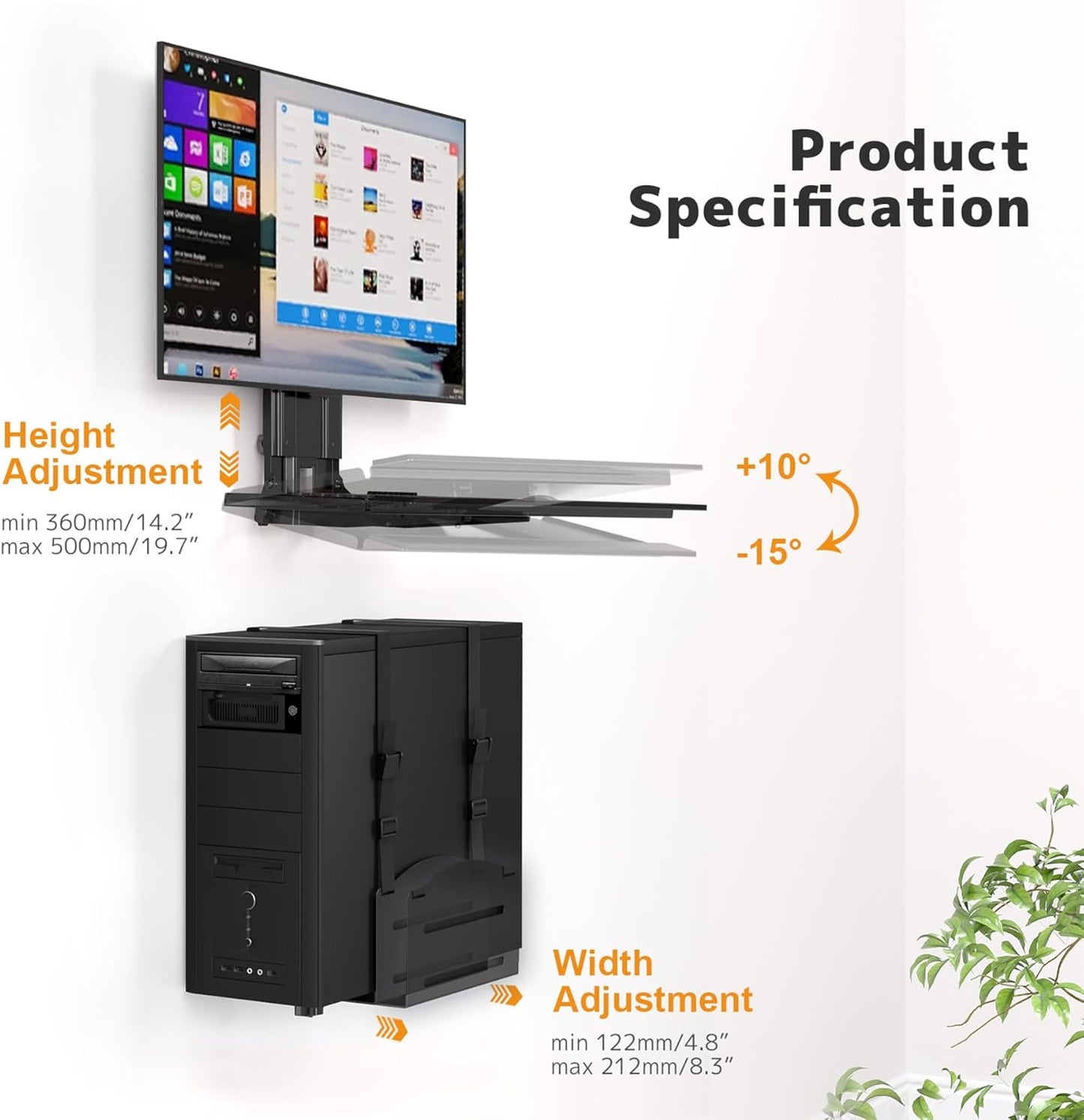 Monitor and Keyboard Wall Mount with CPU Holder for 32' Monitors (55 lbs Max), Keyboard Tray (4.4 lbs Load)