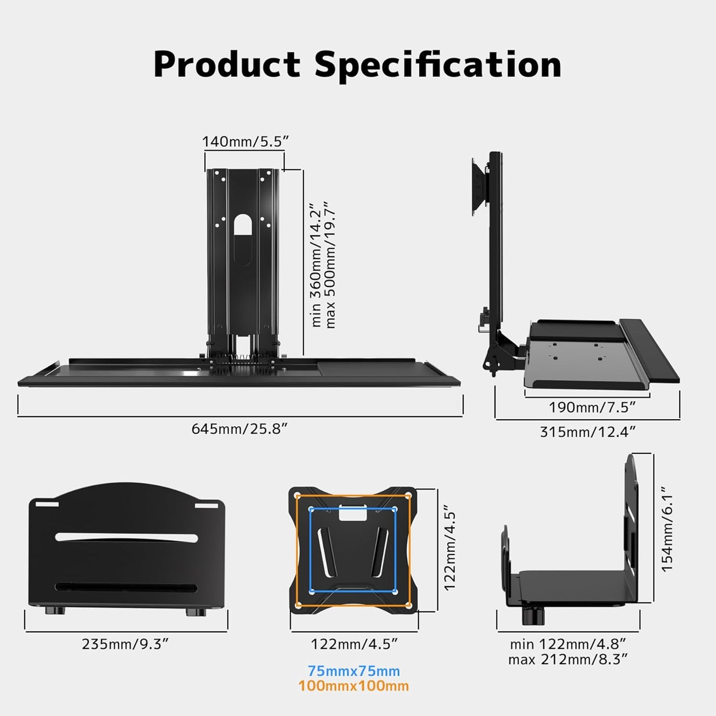 Monitor and Keyboard Wall Mount with CPU Holder for 32' Monitors (55 lbs Max), Keyboard Tray (4.4 lbs Load)