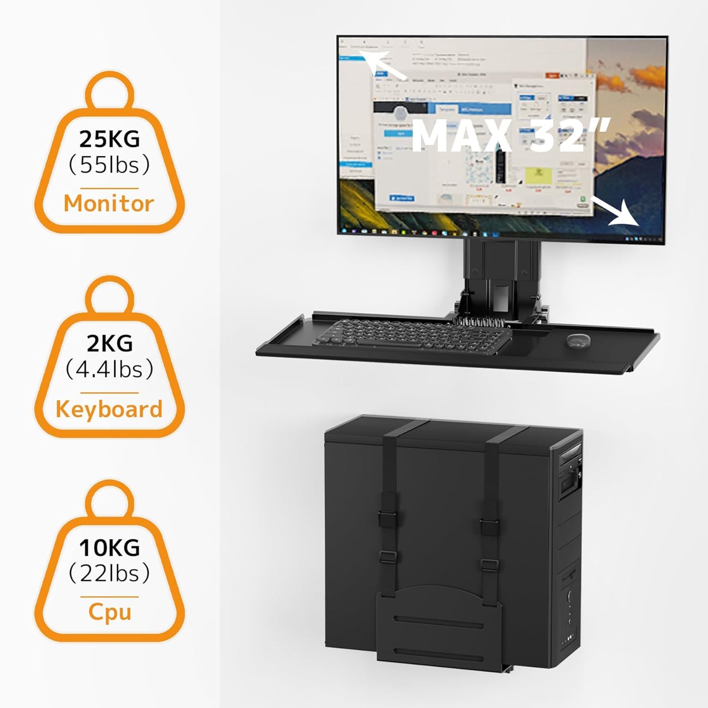 Monitor and Keyboard Wall Mount with CPU Holder for 32' Monitors (55 lbs Max), Keyboard Tray (4.4 lbs Load)