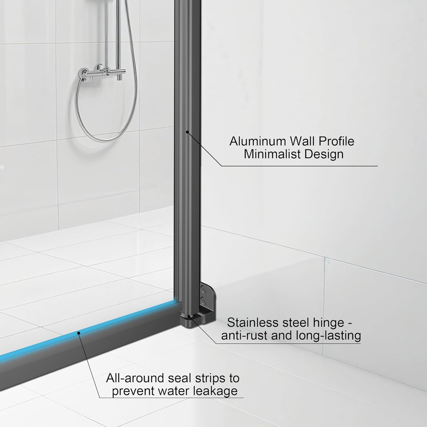 36-Inch Black Shower Door, 72'Height, 115° Opening (Left/Right), Magnetic Seal, Aluminum Frame