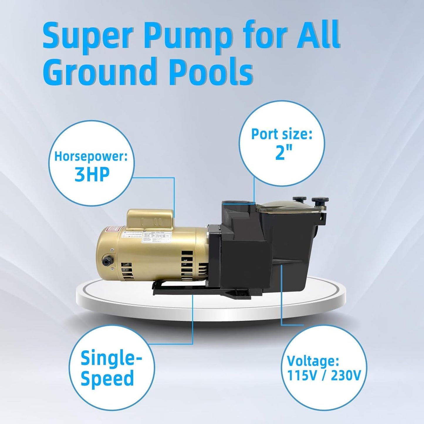 3HP Super Pool Pump 115/230V Single Speed, Compatible with Hayward Pool Pump, for All In-Ground Pool and Spa
