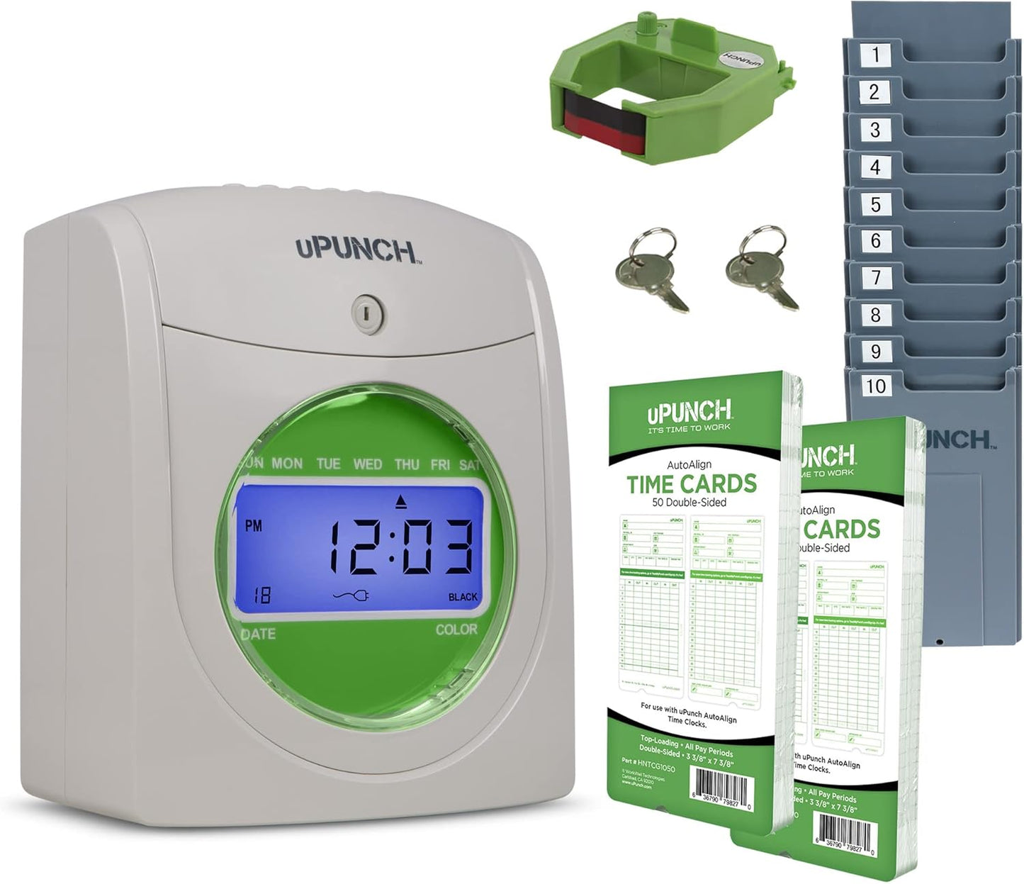 Starter Time Clock Bundle for Small Business: Employee Time Clock System, 100 Time Cards, Card Rack, Ribbon