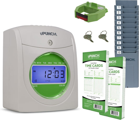 Starter Time Clock Bundle for Small Business: Employee Time Clock System, 100 Time Cards, Card Rack, Ribbon