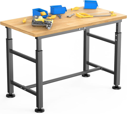 Heavy Duty Adjustable Height Workbench 47.5'x 23.5', Rubber Wood Top Work Table, 2000 LBS Capacity