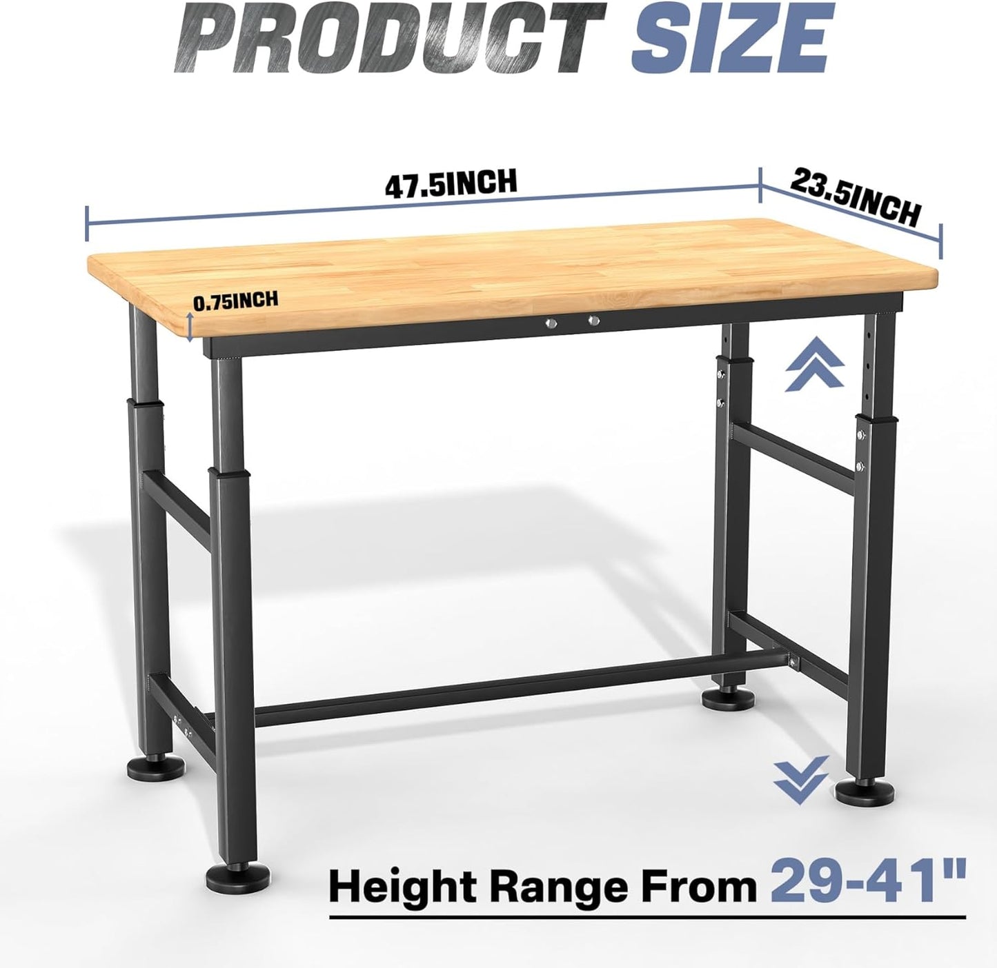 Heavy Duty Adjustable Height Workbench 47.5'x 23.5', Rubber Wood Top Work Table, 2000 LBS Capacity
