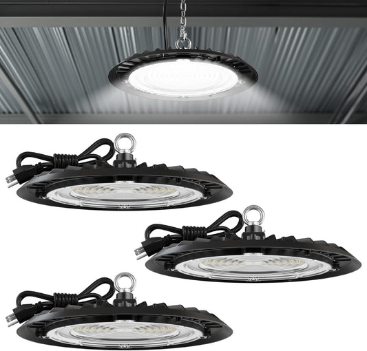 UFO LED 3 Pack High Bay Lights, Plug & Play, 19500 LM, 150W, 6050K, IP65 Waterproof Shatterproof, UL