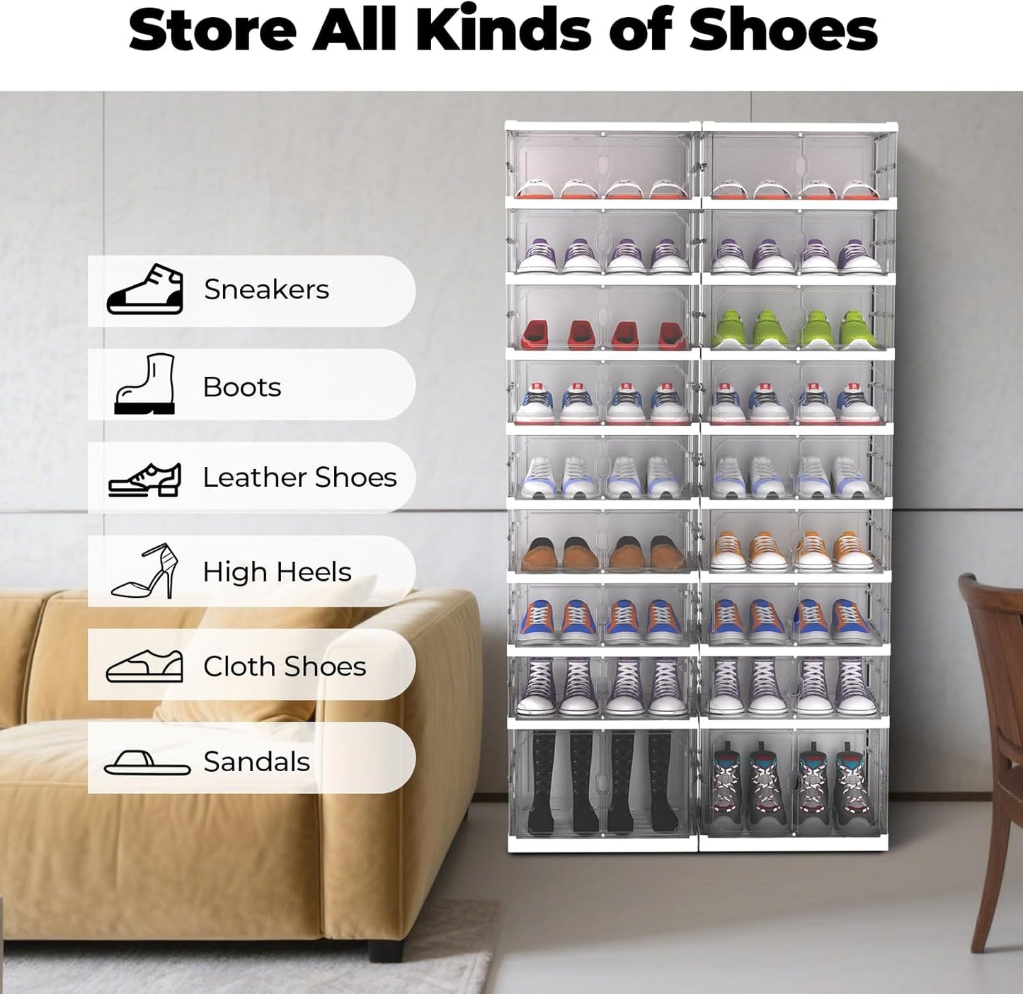 Foldable Shoe Rack, Portable Shoe Organizer Storage Cabinet with Magnetic Clear Door, No Assembly