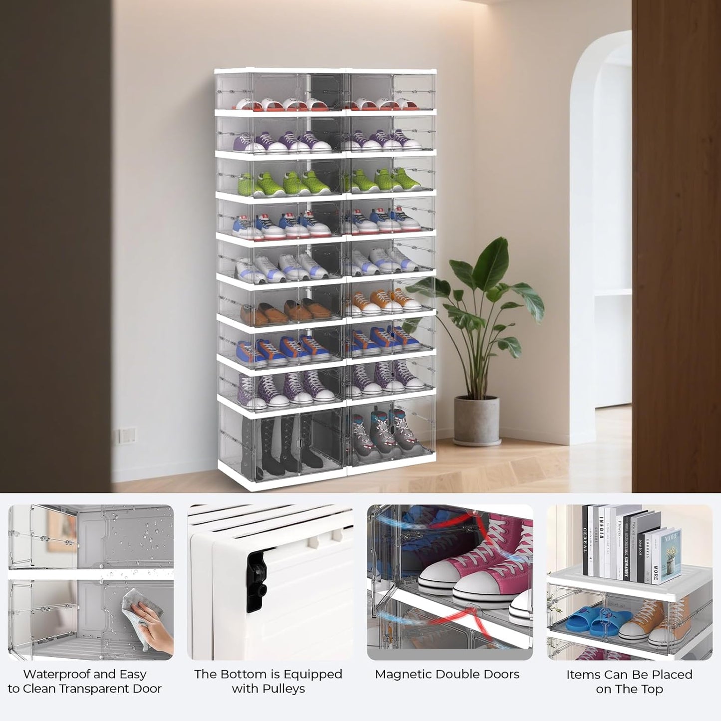 Foldable Shoe Rack, Portable Shoe Organizer Storage Cabinet with Magnetic Clear Door, No Assembly
