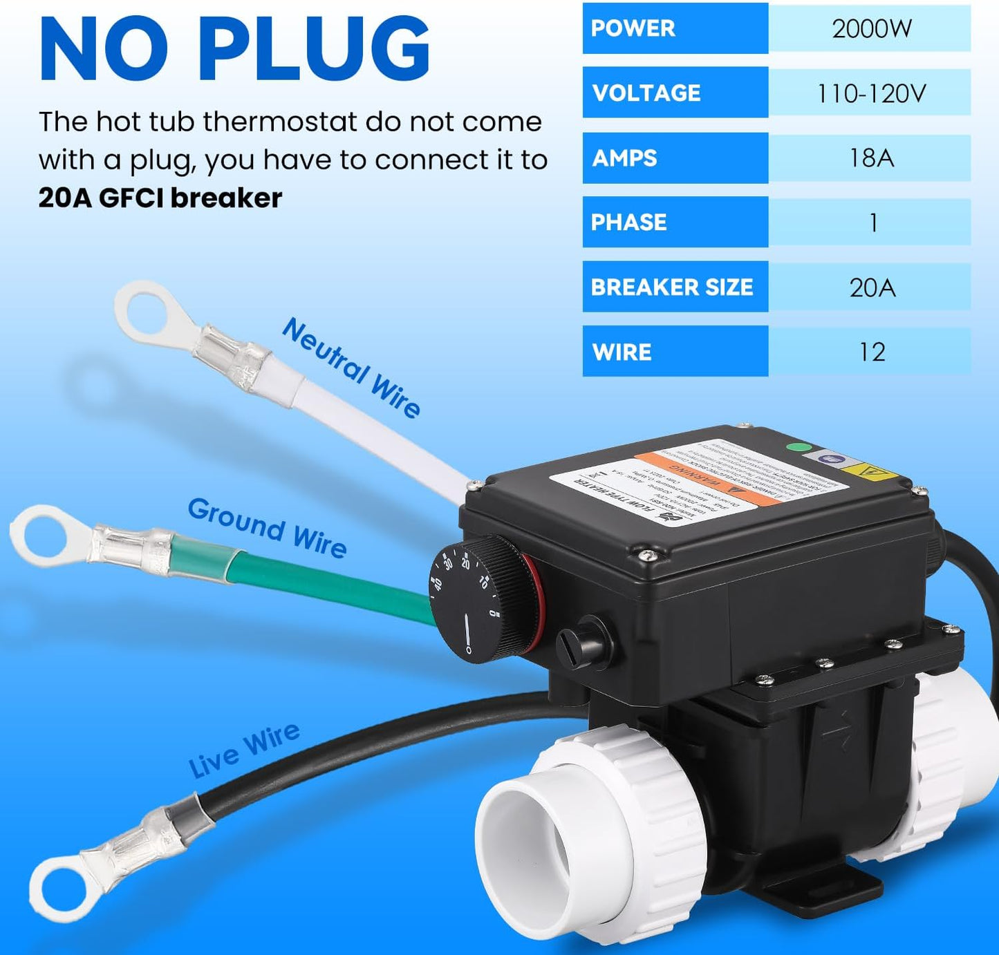 Hot Tub Thermostat, 2KW 110V Spa and Bathtub Thermostat w/ Adjustable Temp Control for up to 400 Gal