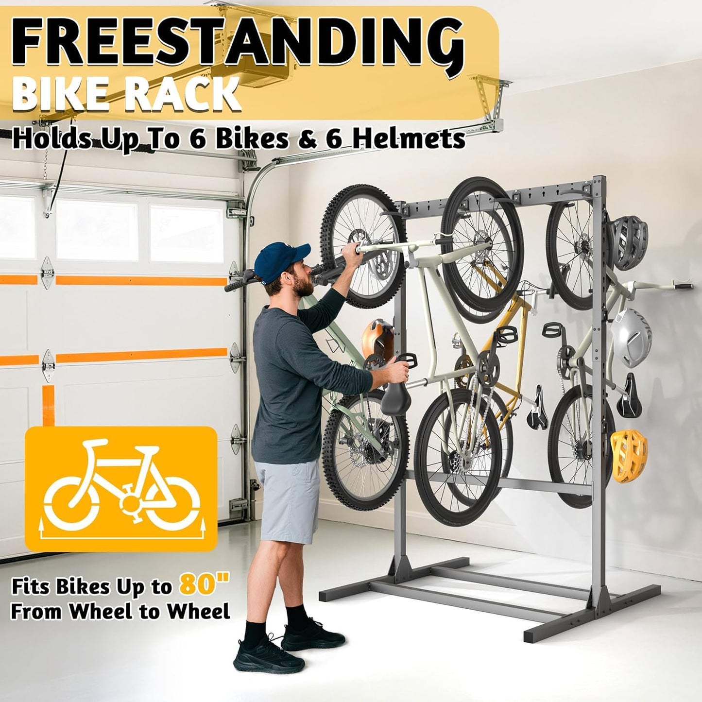 Freestanding Bike Stand, Vertical Bicycle Organizer with Adjustable Hooks, Holds Up to 6 Bikes & 6 Helmets