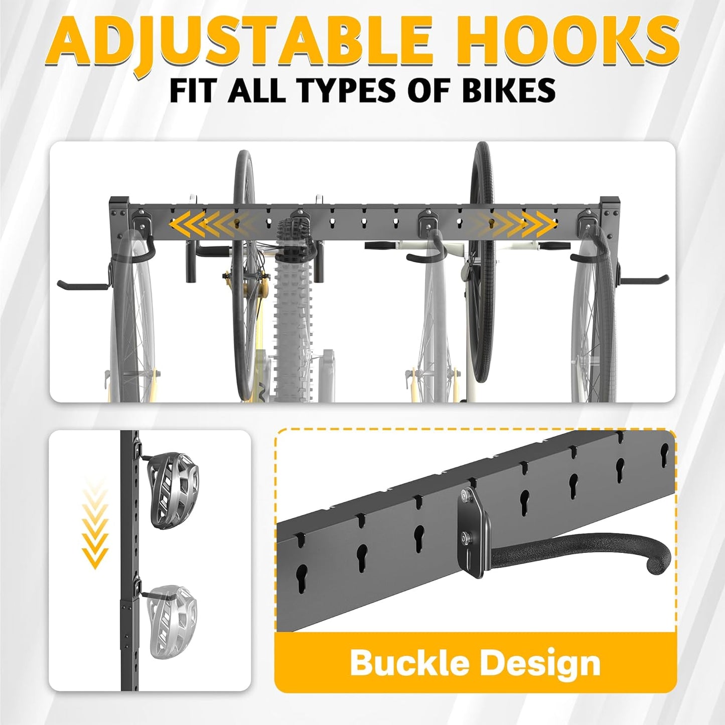 Freestanding Bike Stand, Vertical Bicycle Organizer with Adjustable Hooks, Holds Up to 6 Bikes & 6 Helmets