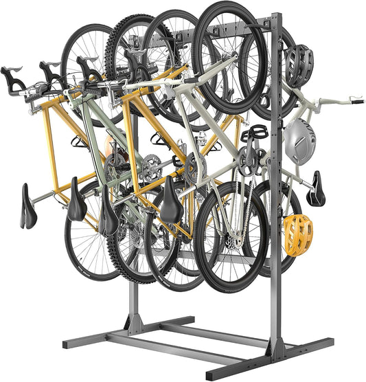 Freestanding Bike Stand, Vertical Bicycle Organizer with Adjustable Hooks, Holds Up to 6 Bikes & 6 Helmets