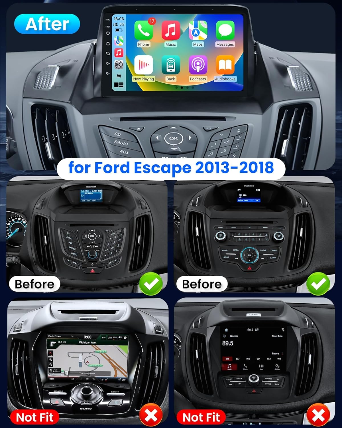 Head Unit for Ford Escape 2013-2018, Android 13, CarPlay, 9' Touch Screen with GPS Navigation, WiFi
