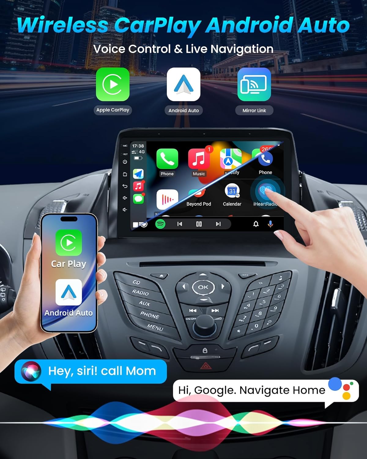 Head Unit for Ford Escape 2013-2018, Android 13, CarPlay, 9' Touch Screen with GPS Navigation, WiFi