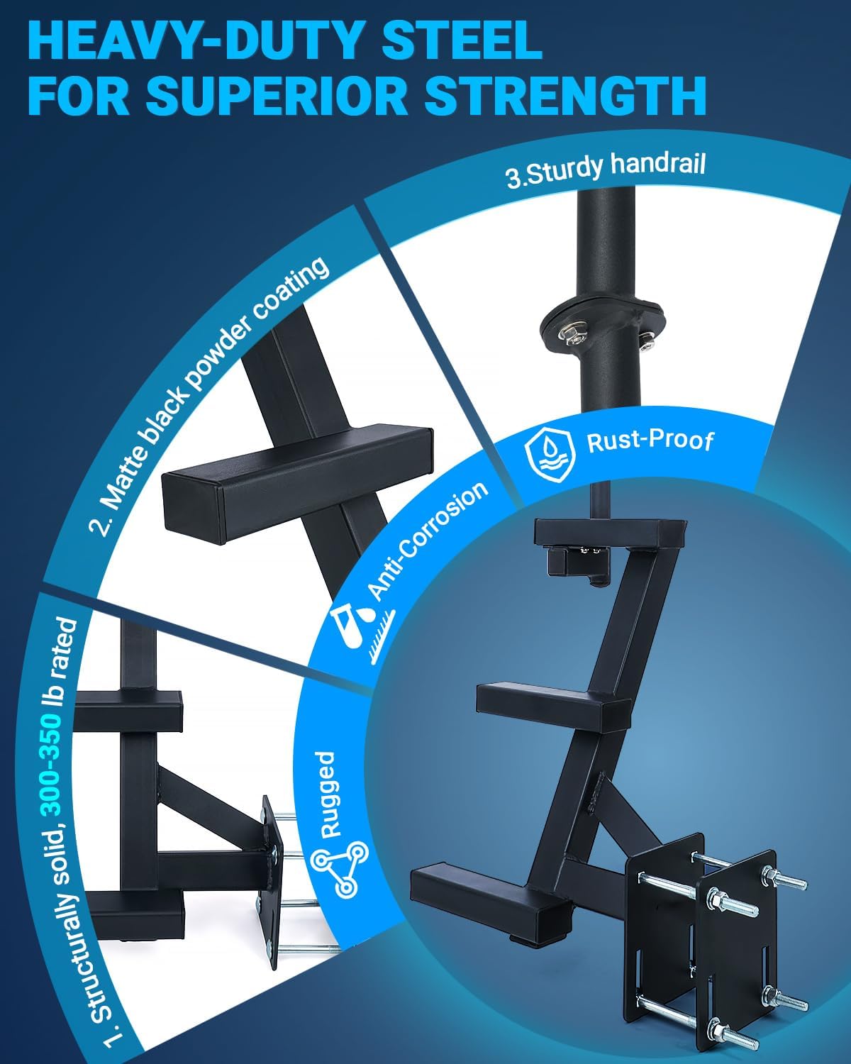 Boat Trailer Steps with Handrail Heavy-Duty Boat Boarding Step Ladder for The Tongue, Side Mount Non Slip 3 Steps