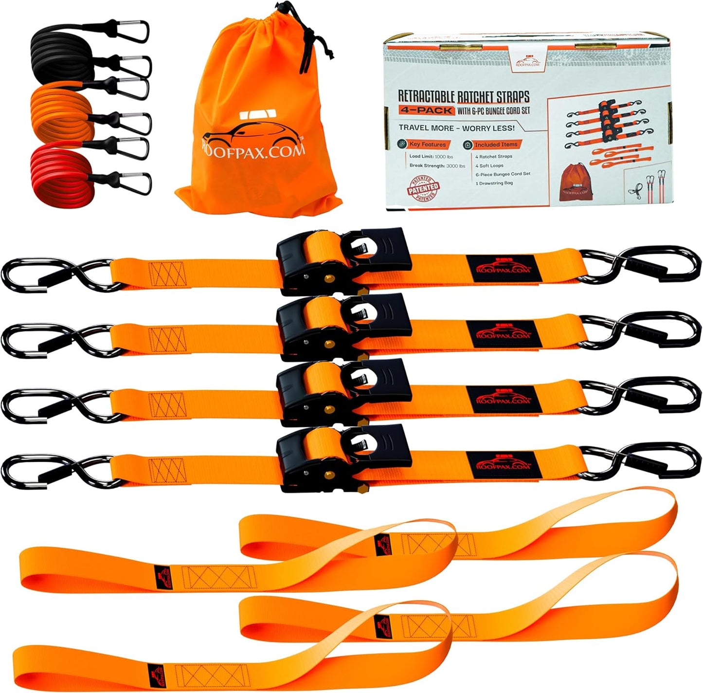 Premium 2' x 10' Retractable Ratchet Straps, 4 Pack, 3000lbs Break Strength, Heavy Duty, Auto-Retracting