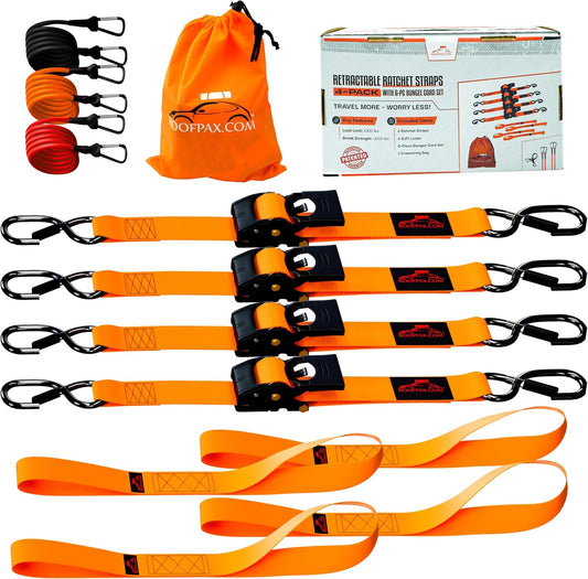 Premium 2' x 10' Retractable Ratchet Straps, 4 Pack, 3000lbs Break Strength, Heavy Duty, Auto-Retracting