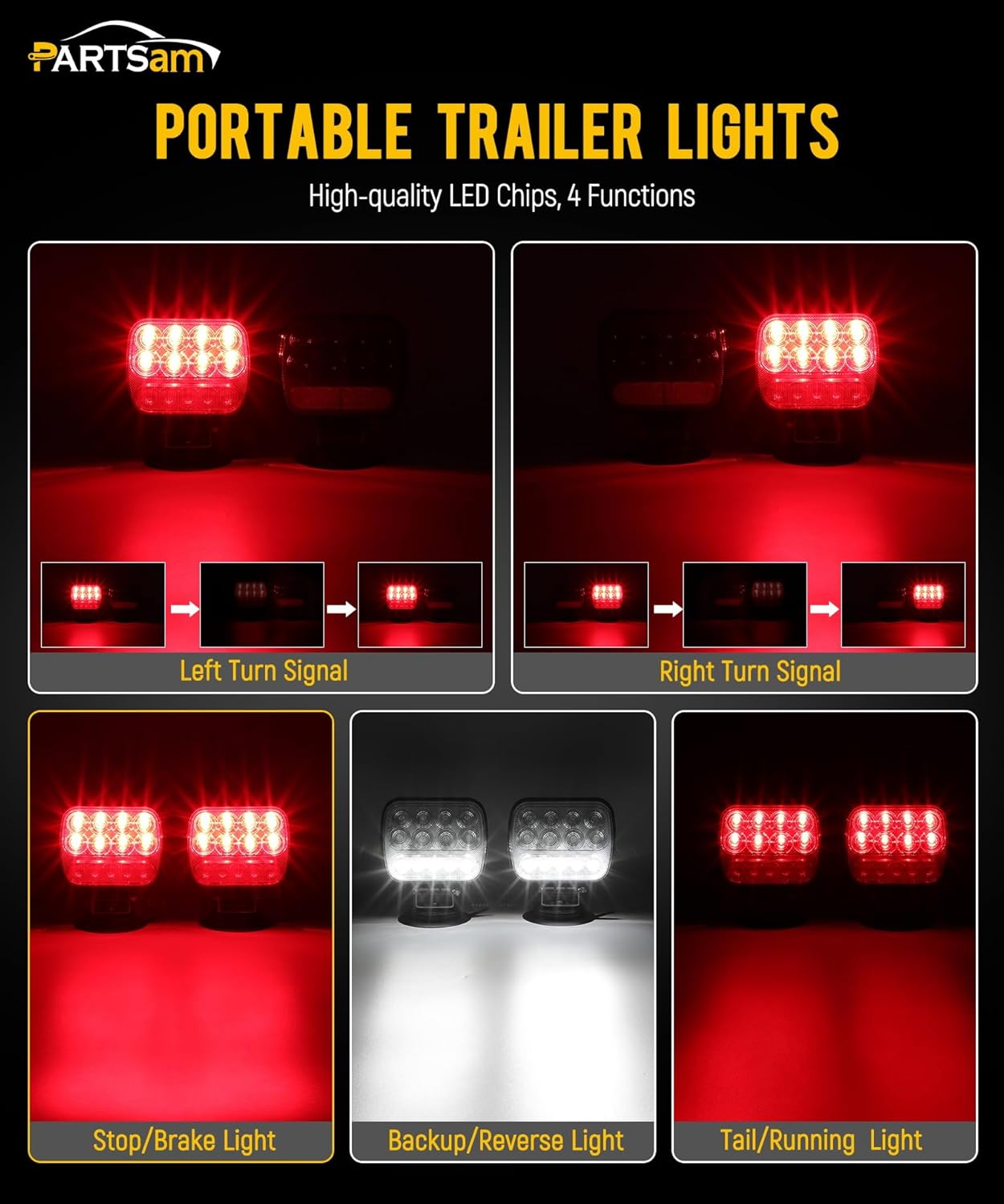 Wireless LED Trailer Light Kit, Magnetic Towing Tail Lights,  w/ 7-Pin Plug, Dual USB Charger, 12-24V