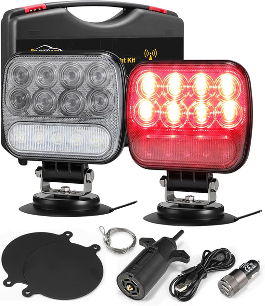 Wireless LED Trailer Light Kit, Magnetic Towing Tail Lights,  w/ 7-Pin Plug, Dual USB Charger, 12-24V