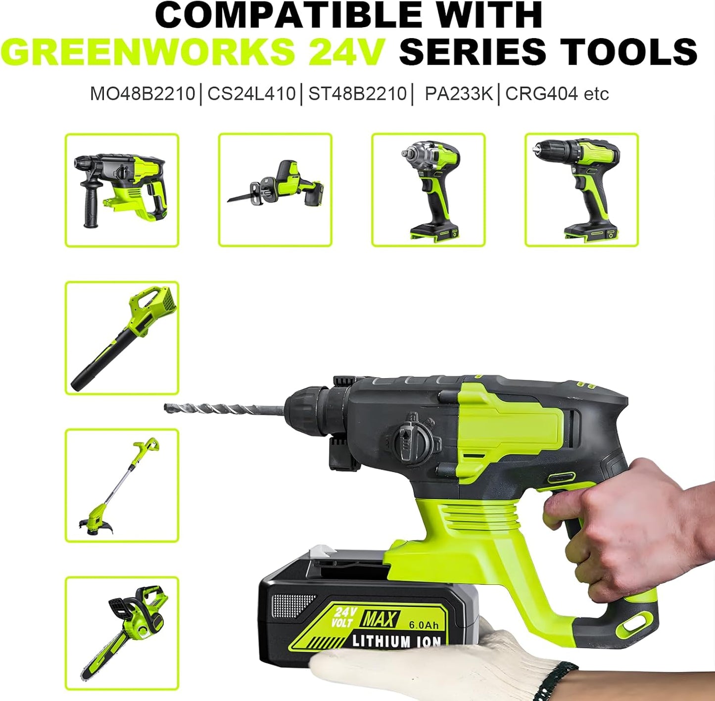 6.0Ah 24V Replacement for Greenworks 24V Battery Compatible w/GW Battery 29842 29852 BAG709 BAG710 24 Volt Cordless Power Tools 4 Pack
